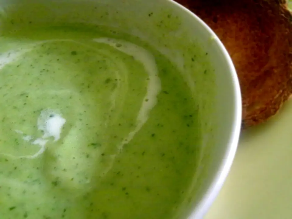 Velouté de courgette vert vif, tourbillon de crème