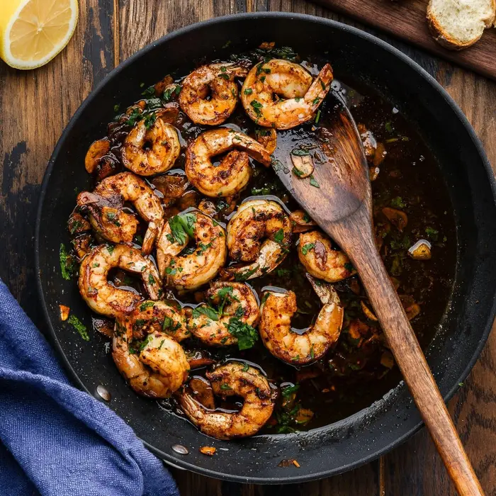 Crevettes saisies dans une poêle en fonte, huile à l'ail et persil