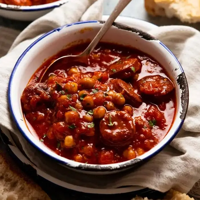 Bol de soupe tomate aux pois chiches, chorizo et chou