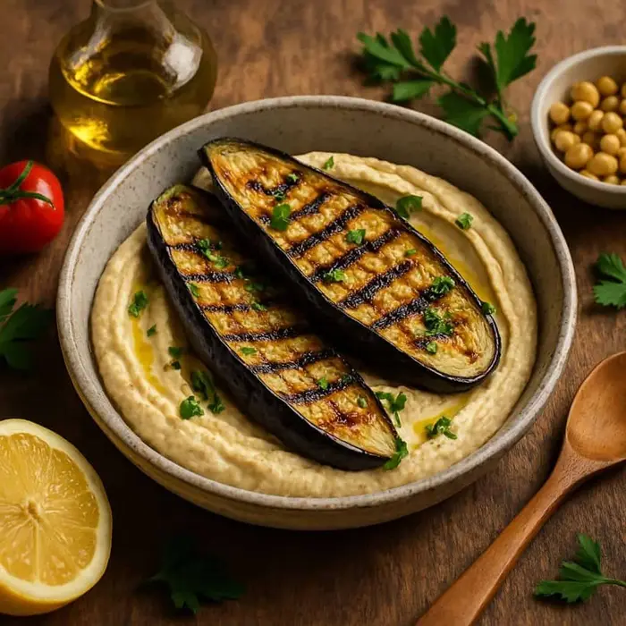 Aubergines grillées sur un lit de houmous, avec persil et citron