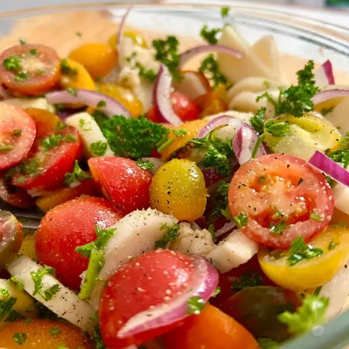 Salade de tomates de couleurs, cœurs de palmier et persil